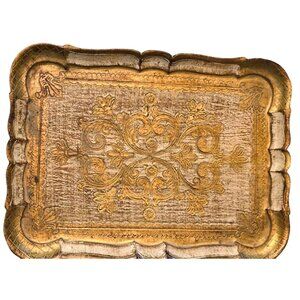 Vintage Florentine Tray Gold Gilded Italian Wooden Ornate 15.5x10.5" Rectangular